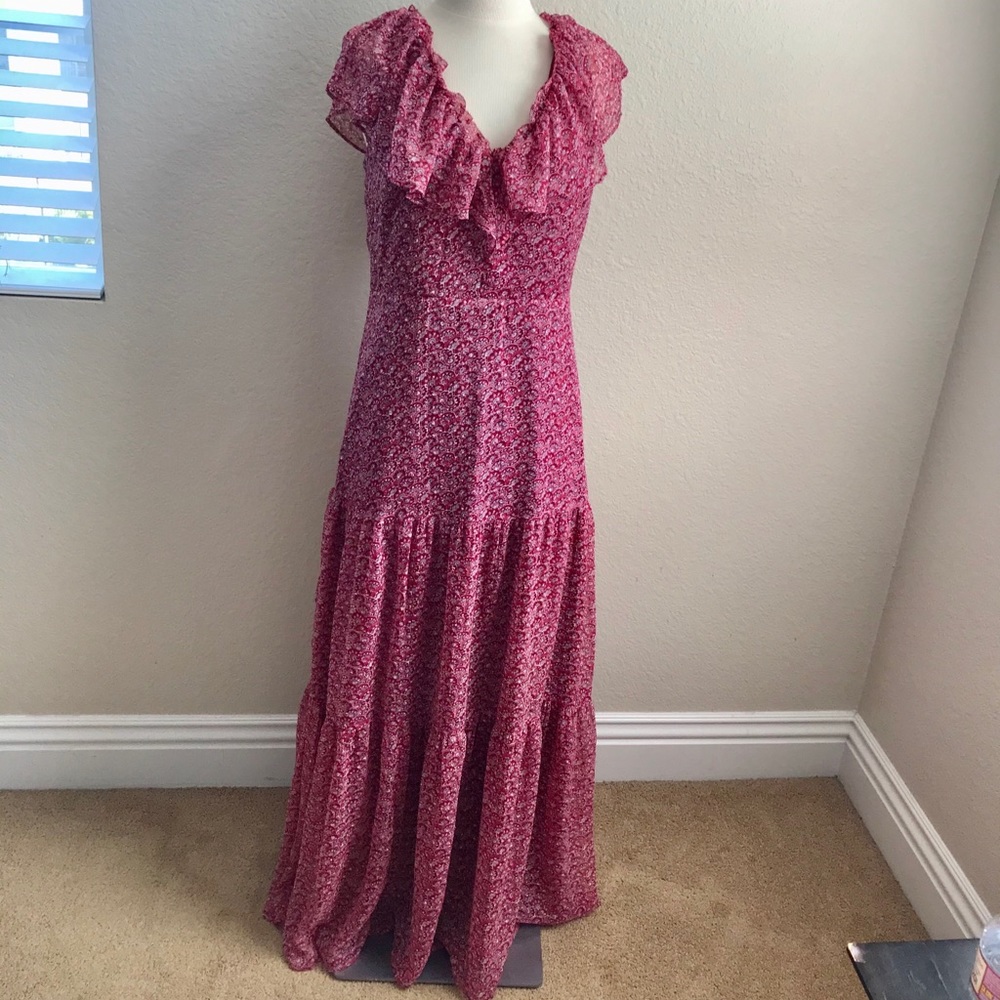 Loft Red Floral Flounce Neck Maxi Dress Size 6